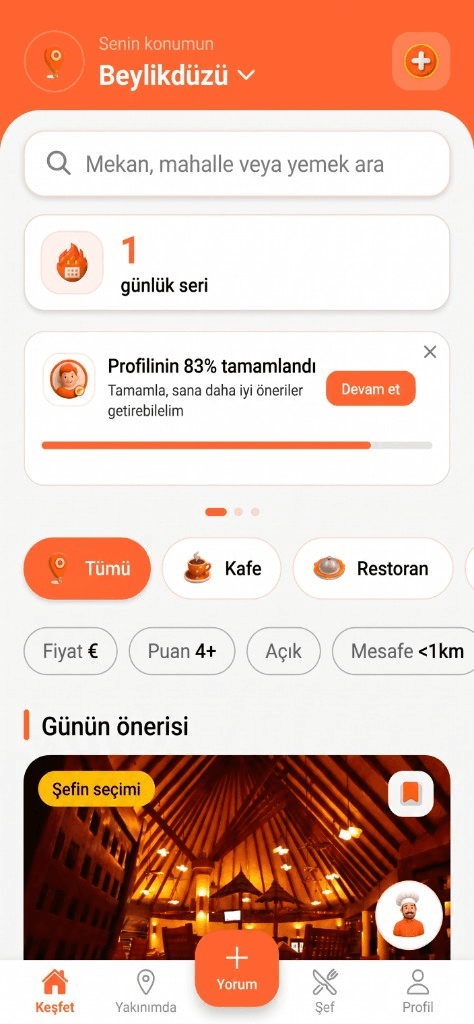Puanla Keşfet ekranı: konum seçici, arama çubuğu, kategori filtreleri ve günün öneri kartı