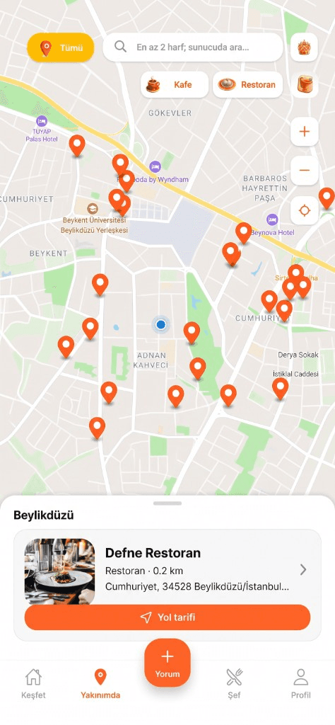 Puanla harita ekranı: çevredeki mekânlar haritada ve mekân kartı